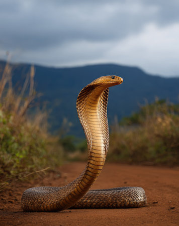 A cobra snake stands erect on a dirt path, displaying its hood. The image showcases the snake's detailed scales and coloration. A soft, natural light illuminates the subject. This image may be suitable for nature publications, educational resources, or commercial projects. The scene takes place outdoors.の素材