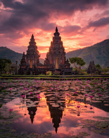 An ancient temple stands majestic against a vibrant sunset, reflected perfectly in the still water below. The scene features detailed architecture and rich colors of orange, pink, and purple. The composition suggests a serene outdoor setting, potentially used for travel, cultural, or editorial content.の素材