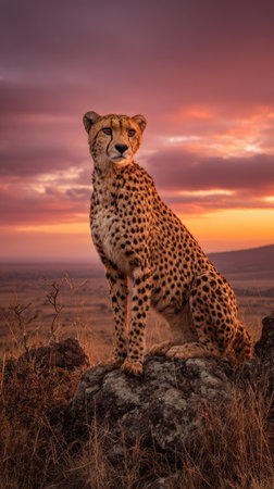 A cheetah is perched atop a rock, surveying its surroundings. The animal's spotted coat contrasts with the rugged texture of the stone. The composition highlights the cheetah against a vibrant sunset sky, creating a warm, golden ambiance. This image is suitable for various commercial uses, including advertising and editorial content.の素材