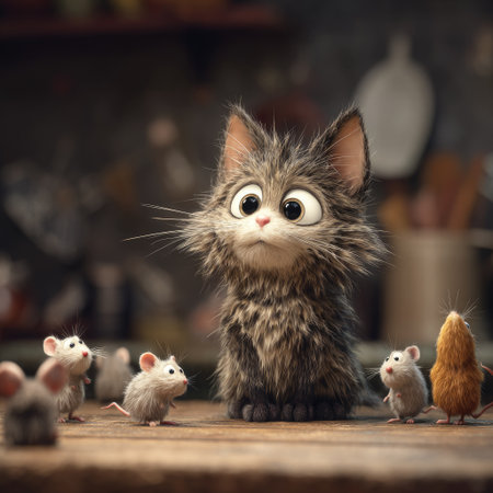 An illustrated cat stands prominently, surrounded by several tiny mice. The image features a shallow depth of field, with soft focus on the background. Warm, muted tones dominate, creating a cozy atmosphere. The overall style suggests digital art suitable for various illustrative purposes.の素材