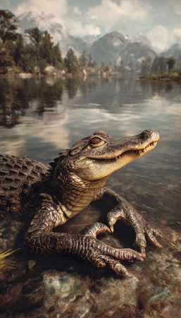 An alligator rests near water, its rough skin and detailed features illuminated by soft sunlight. The composition focuses on the reptile, surrounded by reflective water and distant mountains. This scene provides potential for commercial or editorial applications such as nature, wildlife, or environmental conservation.の素材