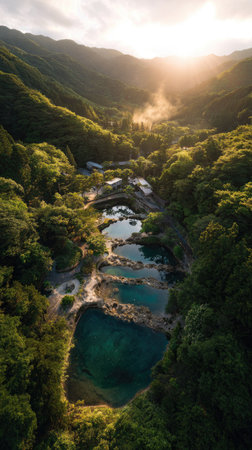 An aerial perspective showcases a vibrant green valley, dominated by dense vegetation and bodies of water. The composition highlights natural textures and gradients, illuminated by warm sunlight. Suitable for illustrating travel, nature, or environmental themes, the image may find applications in various commercial and editorial contexts.の素材