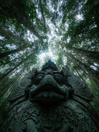 An aged stone sculpture is featured, positioned beneath a canopy of tall green trees. The image presents a low-angle perspective, emphasizing the height of the trees and the intricate details of the sculpture. The setting appears to be outdoors, in a natural environment. Suitable for editorial and commercial use.の素材