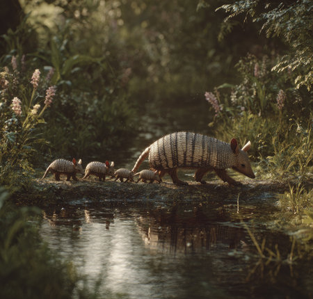 A family of armadillos is depicted in their natural environment, walking along a body of water. The scene shows a warm, naturalistic color palette, with earthy tones and soft lighting. The composition creates a sense of depth, with the background blurred and the subjects in focus. This image could be suitable for a variety of editorial or commercial purposes.の素材