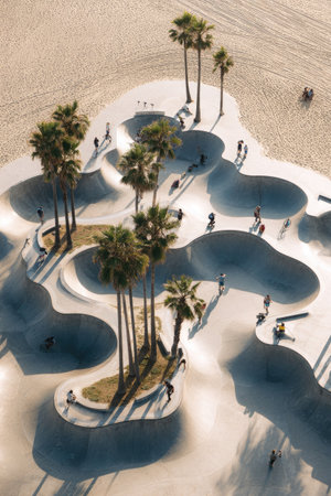 An aerial view presents a skatepark featuring curved concrete bowls surrounded by sandy areas and palm trees. Various individuals are engaged in activities within the skatepark. The composition suggests an open-air environment with warm lighting. The image is suitable for commercial uses within advertising, editorial content, and design projects.の素材