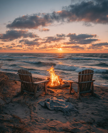 A tranquil scene features a bonfire between two wooden chairs set on a sandy beach. The image captures the warmth of the fire against the backdrop of an ocean and a colorful sunset. Soft textures and warm tones create a relaxed mood, ideal for various editorial or commercial projects.の素材