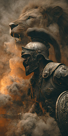 An illustration depicts a warrior in armor alongside a lion, enveloped in swirling, dark smoke against a warm-toned backdrop. The image features detailed textures and dramatic lighting, suggesting a battle or conflict. Suitable for various editorial and commercial applications, it presents a compelling visual narrative.の素材