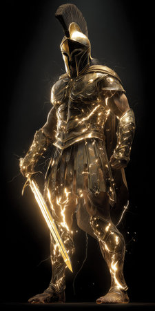 An illustration depicts a warrior figure clad in detailed golden armor, holding a sword. The artwork showcases a dynamic pose with strong lighting against a dark backdrop. Suitable for various creative projects, this image could be used in editorial contexts, advertisements, and artistic displays.の素材