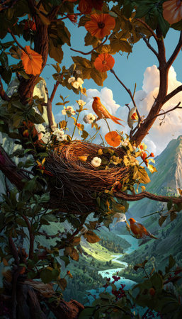 An illustrated scene features birds nesting in a tree, surrounded by blossoms and lush green leaves. The artwork displays a vivid color palette with bright oranges, greens, and blues. The composition includes a mountain vista suggesting an outdoor, natural setting. This image could be suitable for various editorial and design projects.の素材