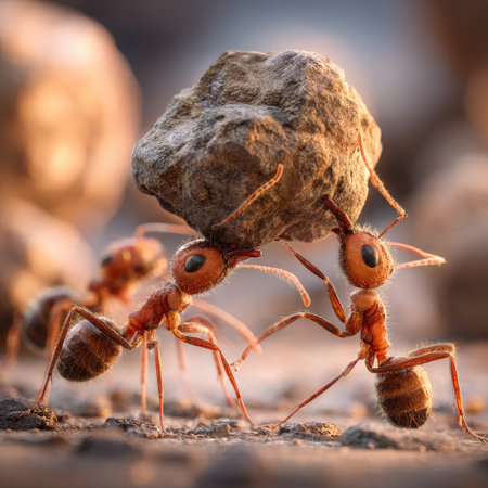 This image showcases ants collaboratively lifting a large stone. The scene highlights the ants' teamwork and strength. The composition features a naturalistic setting with a shallow depth of field, emphasizing the subjects. The lighting suggests an outdoor environment, possibly under sunlight. Suitable for illustrating concepts of cooperation, effort, or related commercial applications.の素材