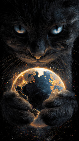 A dark artwork features a large black cat holding a glowing representation of planet Earth. The cat's eyes are a striking blue against its black fur. The composition is dramatic, with the cat centered and the Earth's fiery details adding visual interest. This image is suitable for various commercial or editorial uses.の素材