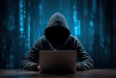 An anonymous figure in a hooded sweatshirt sits before a laptop, illuminated by a screen against a blue digital backdrop. The image utilizes a low-key lighting scheme, emphasizing the subject's silhouette and creating a sense of mystery. Suitable for editorial articles about cyber security, technology, or computer science.の素材