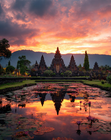 An impressive temple complex is mirrored in tranquil water. The scene displays a stunning sunset with vibrant colors of orange and pink. The composition showcases a symmetrical reflection with architectural details. The image could be used for travel, cultural, or artistic projects.の素材