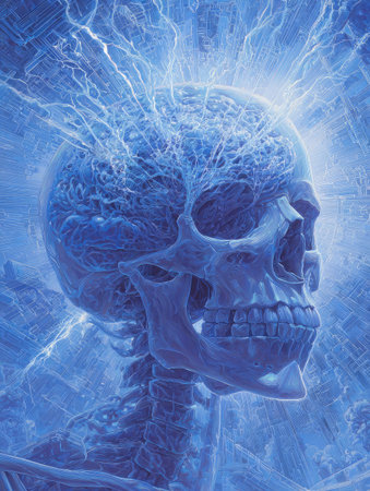 This artwork presents a stylized illustration of a human skull with visible brain structure, bathed in cool blue hues. Energy emanates from the skull, creating a visual effect of interconnectedness. The composition uses a digital art style. This image could be suitable for scientific, educational, or conceptual projects.の素材