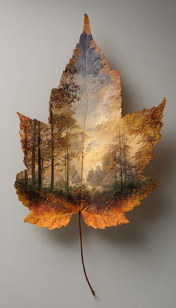 A detailed image displays an autumn leaf with a double exposure. The leaf showcases vibrant orange and brown hues, while the overlay features a forest scene with trees and a cloudy sky. This composition creates a visual metaphor for nature. Suitable for various design and editorial applications.の素材