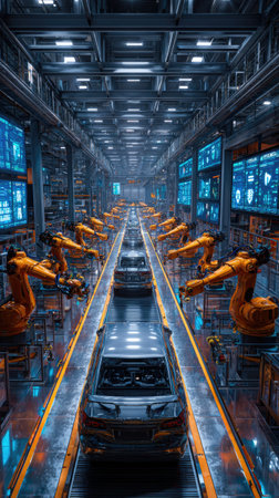 An industrial scene depicts a modern automated production line. Robotic arms work along an assembly line constructing vehicles, surrounded by blue-lit monitors and metal structures. The composition uses a perspective view, highlighting the precision and efficiency of the manufacturing process. Suitable for commercial applications such as advertising and technical illustrations.の素材