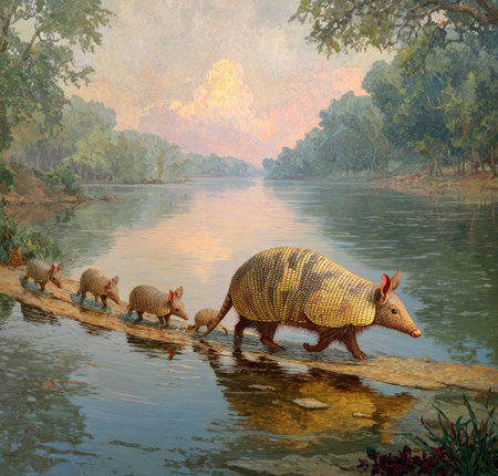 An armadillo leads its young across a log spanning a calm river in a detailed painting. The artwork exhibits a warm color palette with soft textures and natural lighting, hinting at a serene outdoor environment. This image is suitable for various commercial uses, including illustrations and educational materials.の素材