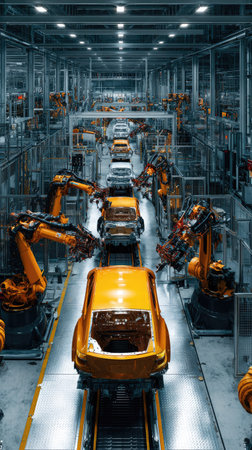 An overhead view reveals a car assembly line where robotic arms work on vehicle bodies. The scene displays a network of conveyor belts, machinery, and a sequence of partly completed yellow cars. The industrial setup employs overhead lighting, showcasing the manufacturing environment. This image is suitable for illustrating industry, automation, and technology in editorial contexts.の素材