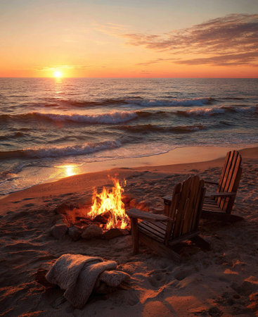 An inviting beach scene showcases a burning bonfire and wooden chairs silhouetted against a setting sun. The warm tones of the fire contrast with the cool blues and oranges of the sky and ocean. The photograph captures a serene atmosphere that may be suitable for travel, leisure, or lifestyle content.の素材