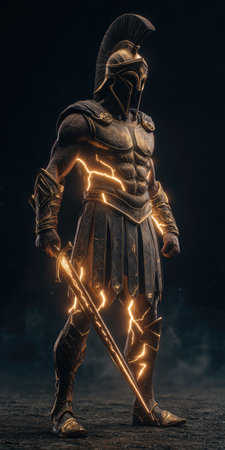 An imposing ancient warrior stands confidently, clad in detailed armor and helmet. The figure holds a sword, with illuminated energy patterns highlighting the form. The image features a dramatic composition, dark tones, and an overall sense of strength. Suitable for historical themes and conceptual illustrations.の素材