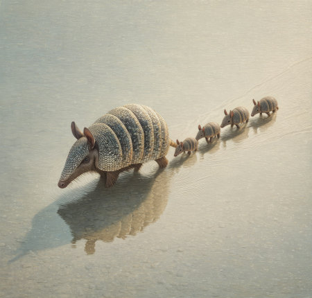 An armadillo leads its offspring across a reflective surface in this image. The illustration showcases a realistic style with soft textures and muted colors. The composition is simple, featuring the armadillos and their reflections. Suitable for use in educational materials or artistic projects, this image conveys a sense of family and movement.の素材