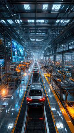 An overhead view reveals an industrial assembly line, showcasing the production of vehicles within a modern factory environment. The image features a symmetrical composition with a metallic aesthetic, complemented by blue and orange lighting. This visual could be utilized for illustrating technological advancements or industrial processes.の素材