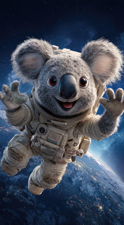 An adorable koala bear in an astronaut suit floats in space against a backdrop of Earth. The image features vibrant colors, detailed textures, and dynamic composition. The scene suggests adventure and exploration, ideal for various commercial and editorial applications such as children's media or educational materials.の素材