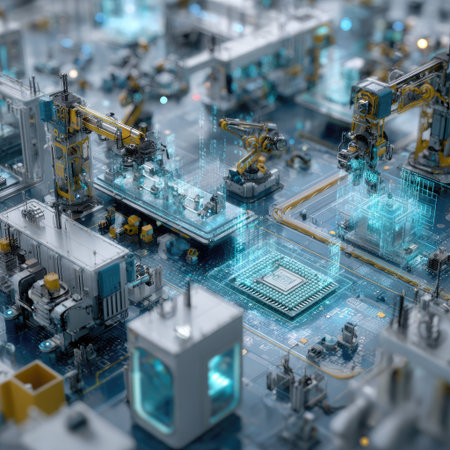 An overhead view reveals a futuristic automated factory. Numerous robotic arms and production components are visible, alongside a central microchip. The scene is dominated by cool blue and yellow tones. This high-tech visual could be used for articles on industry, technology, or manufacturing.の素材