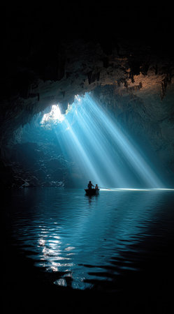 A boat with two figures is silhouetted inside a cave. Bright sunlight streams through an opening above, illuminating the water and creating a dramatic effect. The scene features deep blues and blacks, with contrasting light and shadow. Suitable for illustrating travel, exploration, or concepts of discovery and mystery.の素材