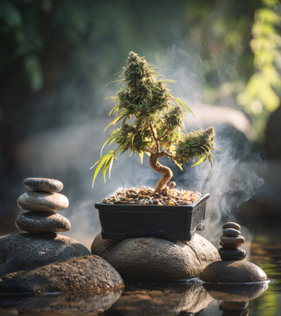 A close-up captures a bonsai tree in a black pot, positioned on a rounded stone. Smoke and vapor surround the tree, and stacks of balanced stones add balance. The composition uses natural light with a shallow depth of field, set against a verdant, blurred backdrop, suggesting outdoor serenity. Suitable for artistic and symbolic applications.の素材