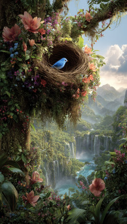 A small blue bird sits peacefully in its nest, surrounded by lush vegetation and colorful flowers. The scene is illuminated by soft sunlight. A scenic waterfall cascades down the background. This image is suitable for various editorial and commercial applications.の素材
