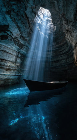 A boat sits in a cave, illuminated by a beam of sunlight. The image showcases textures of rock walls and water reflecting light. The scene evokes a tranquil atmosphere with blue and dark tones, capturing a mysterious visual. Potential uses include artistic design, illustrative projects, or travel-related content.の素材