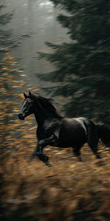 A black horse is depicted running through a forest setting. The image displays a sense of motion with blurred elements. Autumnal colors and textures fill the foreground. The lighting suggests an outdoor environment. This image could be used for various commercial and editorial applications, showcasing natural beauty.の素材