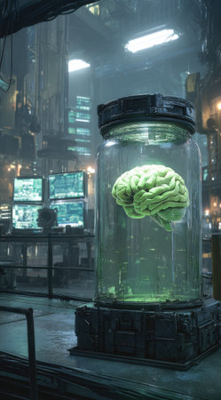 A green brain floats inside a large glass container, centrally positioned within a futuristic laboratory environment. The image exhibits a cool color palette with prominent greens and blues, enhanced by diffused lighting. Multiple computer screens and industrial equipment suggest a research or scientific context, ideal for conceptual science content.の素材