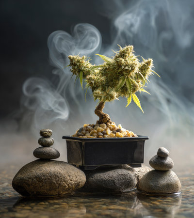 A close-up showcases a bonsai cannabis plant set with balanced stones, and surrounded by smoke. The composition utilizes low-key lighting to enhance textures. The scene suggests a meditative setting. Potential applications include illustrations about wellness and alternative medicine.の素材