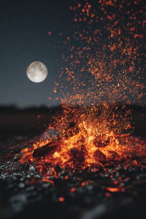 A close-up view depicts a glowing bonfire erupting with sparks against a dark background. The scene showcases bright orange and red embers, capturing the movement of flames and glowing embers. The composition features a full moon, with a low-angle perspective, potentially suitable for various illustrative or promotional usages.の素材
