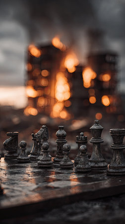 A close-up view displays chess pieces arranged on a wooden board. Behind the game, blurred structures appear engulfed in flames, creating a dramatic contrast. The color palette features dark tones with bright orange highlights. This image can be used for conceptual illustrations or editorial content.の素材