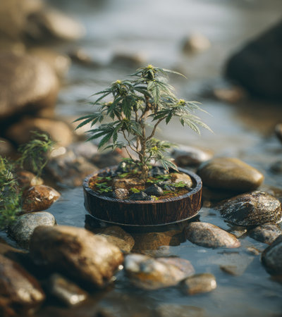 A bonsai tree sits in a shallow stream surrounded by rocks. The scene displays various shades of brown and green with water creating reflections. The composition has soft lighting and a blurred background. Suitable for use in projects involving nature, relaxation, or artistic concepts.の素材