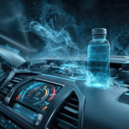 A bottle of liquid sits illuminated on a dashboard surface, surrounded by swirling blue light and mist. The image showcases a futuristic design with digital gauges and a sleek, dark interior. This could be used for conceptual technology projects, advertising campaigns, and digital art publications.の素材
