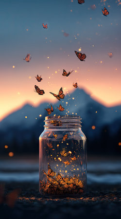 A glass jar contains numerous butterflies, some escaping upwards against a backdrop of mountains and a twilight sky. Warm hues of orange and gold contrast with cooler blues. The composition suggests freedom and transition. The image is suitable for various commercial uses, including artistic designs and conceptual illustrations.の素材