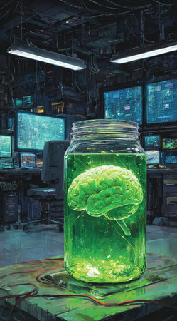 A glass jar containing a brain immersed in a green liquid is the focal point. The image presents a lab setting with computer monitors in the background. The scene is illuminated by overhead lights and has a dark color palette. Suitable for illustrating scientific or conceptual themes in commercial projects.の素材