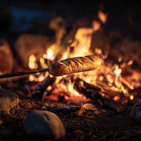 A bread loaf is being roasted over a crackling campfire, with bright orange flames illuminating the scene. The image showcases rustic textures of wood, rocks, and the bread's crust. Warm lighting suggests a night setting, possibly for leisure or survival activities. Suitable for illustrations about food, nature, and outdoor adventures.の素材