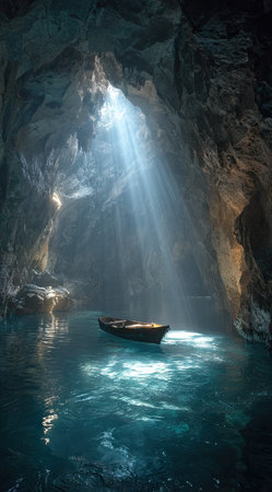 A small boat floats on serene water within a cavern. Sunlight streams through an opening, illuminating the boat and creating dramatic shadows. The image showcases textures, with the rock walls contrasting with the water's surface. This scene may be suitable for illustrating adventure, exploration, or concepts of discovery.の素材
