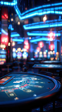 An interior shot showcases a casino environment at night. The scene highlights gaming tables under bright neon lights. The composition features a dark, vibrant aesthetic, with selective focus. Ideal for illustrative uses related to entertainment or gambling concepts.の素材