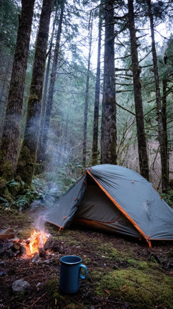An outdoor scene features a campsite with a tent and a small campfire. The image showcases the textures of nature, including towering trees and mossy ground. The composition suggests a sense of solitude and adventure within a natural environment. Suitable for a range of uses related to travel and the outdoors.の素材