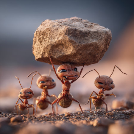This illustration depicts four cartoon ants working together to lift a large stone outdoors. The scene is brightly lit with warm, earthy tones dominating. The image employs a digital art style. It could be used in various commercial or editorial contexts to represent teamwork.の素材