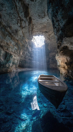 A small boat drifts in a cave filled with blue water. Overhead, an opening allows sunlight to stream down, illuminating the scene. The cave walls show rough textures, contrasting with the smooth water surface. This image could be used for various commercial projects related to nature or exploration.の素材