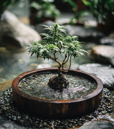A small bonsai tree sits in a wooden bowl filled with water, creating a tranquil scene. The image showcases a close-up perspective with lush green foliage and textured details. Soft lighting highlights the natural elements, suggesting an outdoor or indoor environment. Suitable for artistic, decorative, and wellness-related projects.の素材