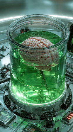 A preserved human brain rests inside a glass jar filled with green liquid. The specimen is presented within a sterile, high-tech laboratory environment. The image features dramatic lighting, metallic textures, and a cool color palette. Suitable for educational materials, scientific publications, and conceptual visuals.の素材