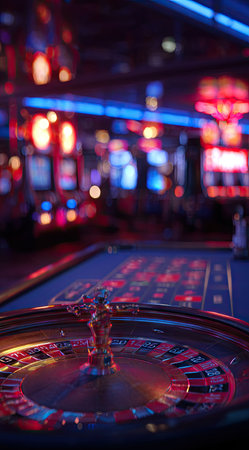 A close-up captures a roulette wheel, illuminated by artificial lighting, against a backdrop of blurred lights. The scene features various colors, with primary reds and blues. The overall aesthetic suggests an indoor environment. This image is suitable for commercial applications related to gaming and entertainment.の素材
